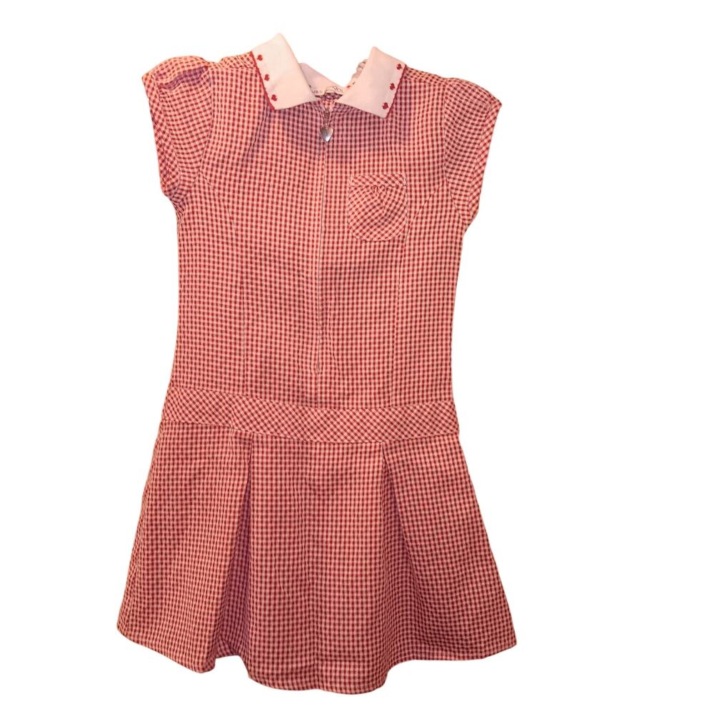 M&S School Dress Size 4-5 Red White Gingham Cap Sleeves 1/2 Zip Pleated